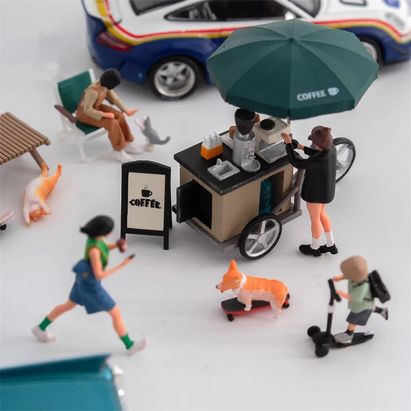 

1/64 Resin Painted 3D Printing Street Coffee Truck Leisure life Boy Girl Cat Dog Skateboard Miniature Figure Model DIY Scene
