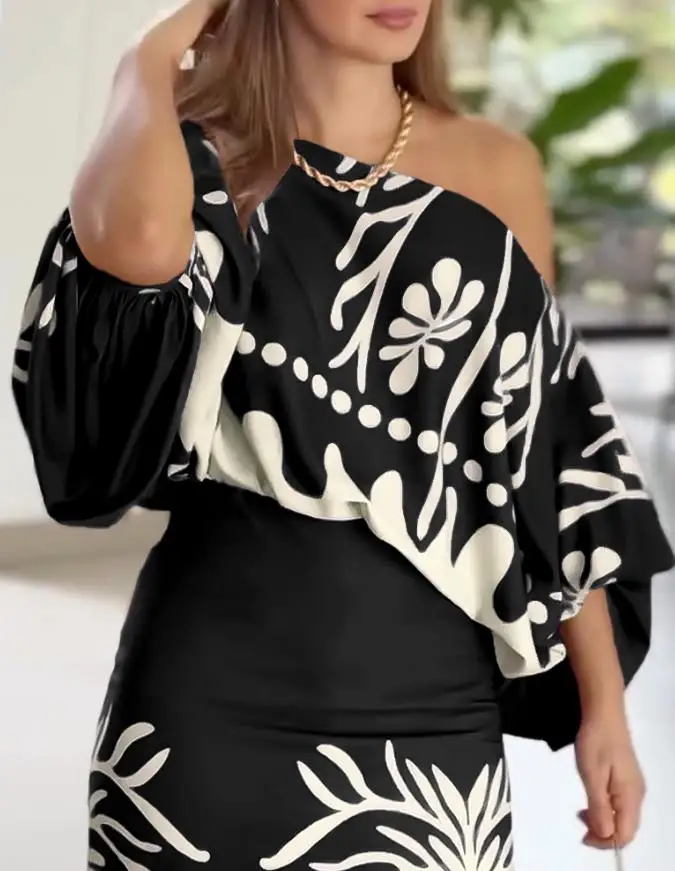 

Stylish Two - Piece Outfit: Tropical Print Lantern Sleeve Cold Shoulder Loose Top with Matching High Waist Fishtail Maxi Skirt
