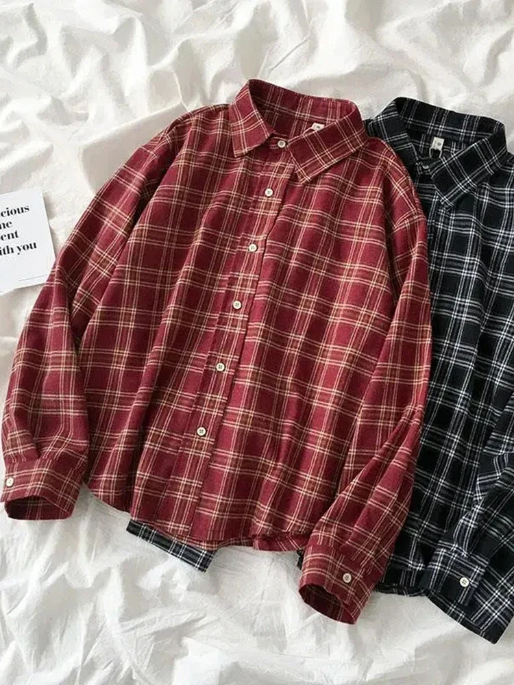 Red Plaid Women Shirts Autumn Loose Vintage Long Sleeve Button Up Female Shirts All Match Casual Turn Down Collar Tops New