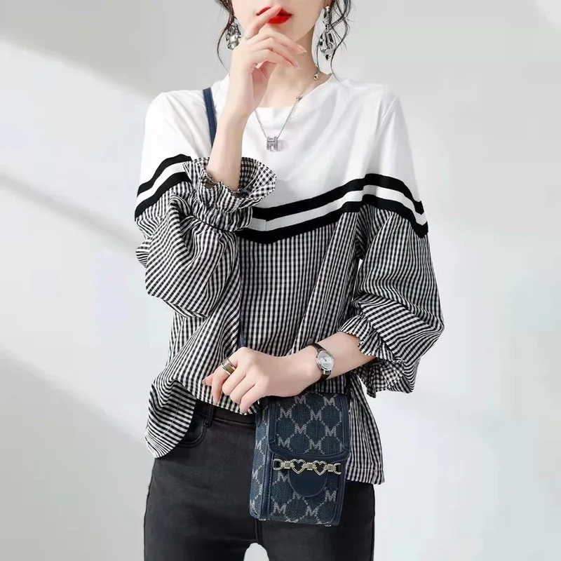 2022 Spring Autumn Sweatshirt Women Lattice Patchwork Long Sleeve Sweatshirt Fashion Simple Contrast Color Loose Clothes