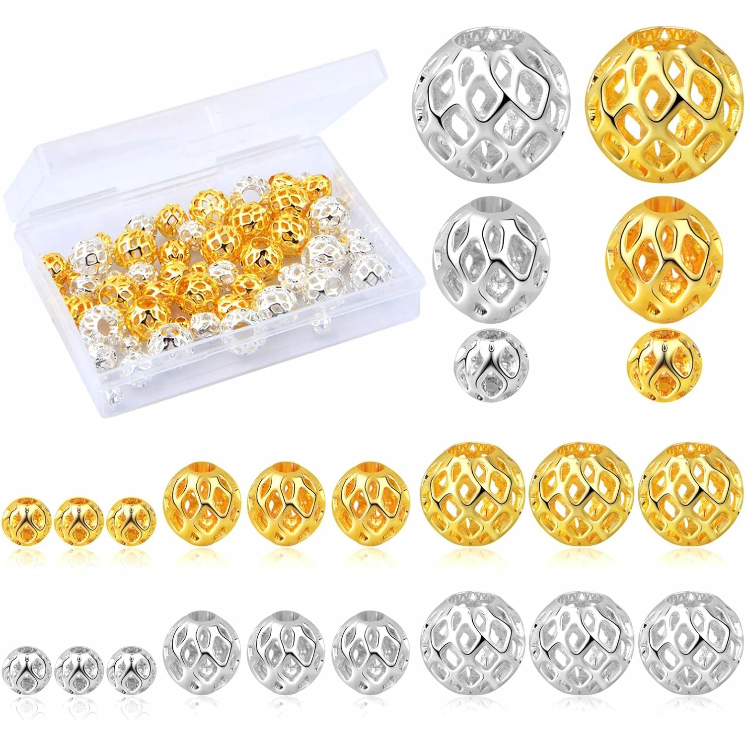 

1 коробка, 60 шт. позолоченных 18-каратным золотом и серебром полых круглых бусин-разделителей, латунные ажурные шариковые бусины для браслетов и серег своими руками