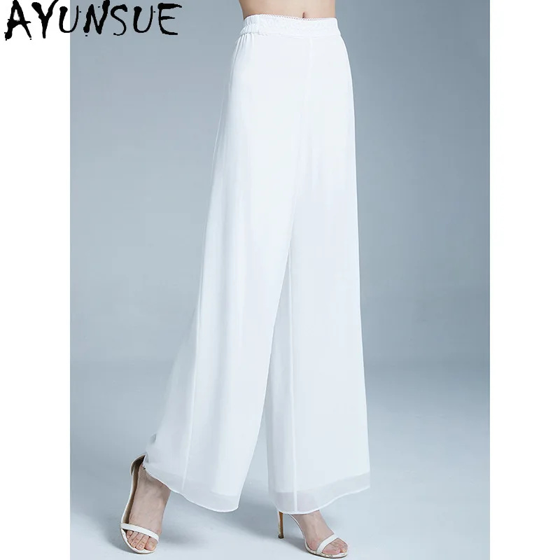 

AYUNSUE 95% Silk Women's Pants and Trousers Solid Color Wide Leg Pants for Woman Summer Loose Long Pants Woman Clothes Штаны