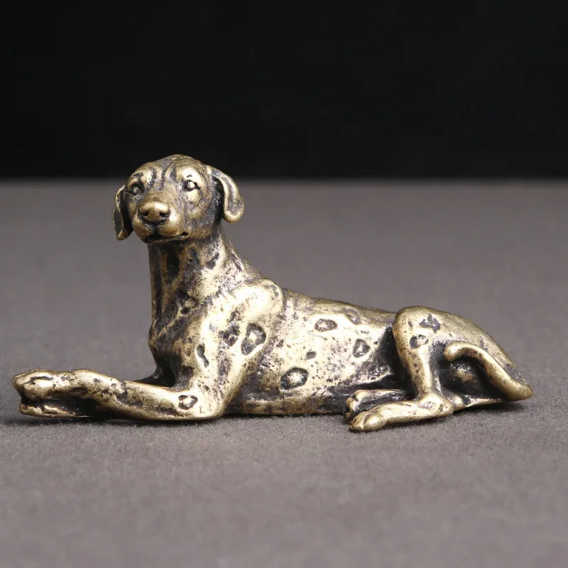 Vintage Pure Brass Dog Figurines Dalmatian Statue Tea Pets Antique Copper Ornaments Home Decors Crafts Office Desktop Decoration