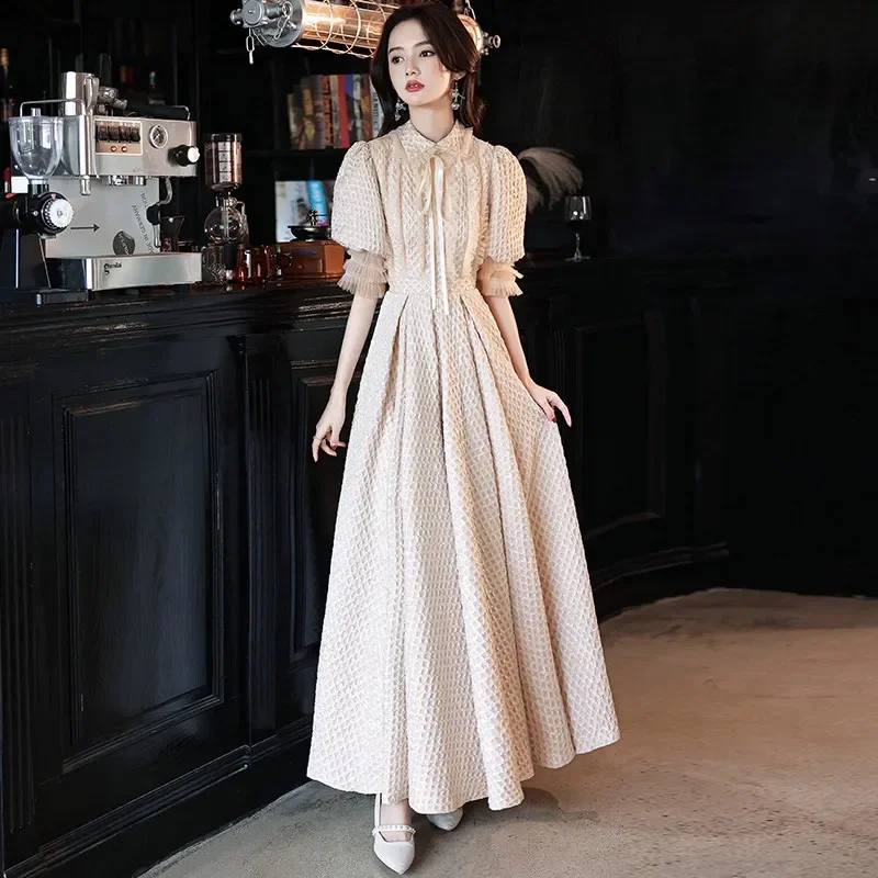 

Evening Dress Half Sleeve Simple Fashion Floor-Length High Neck Pleat A-Line Champagne Zipper Back Woman Formal Party Gown A2461