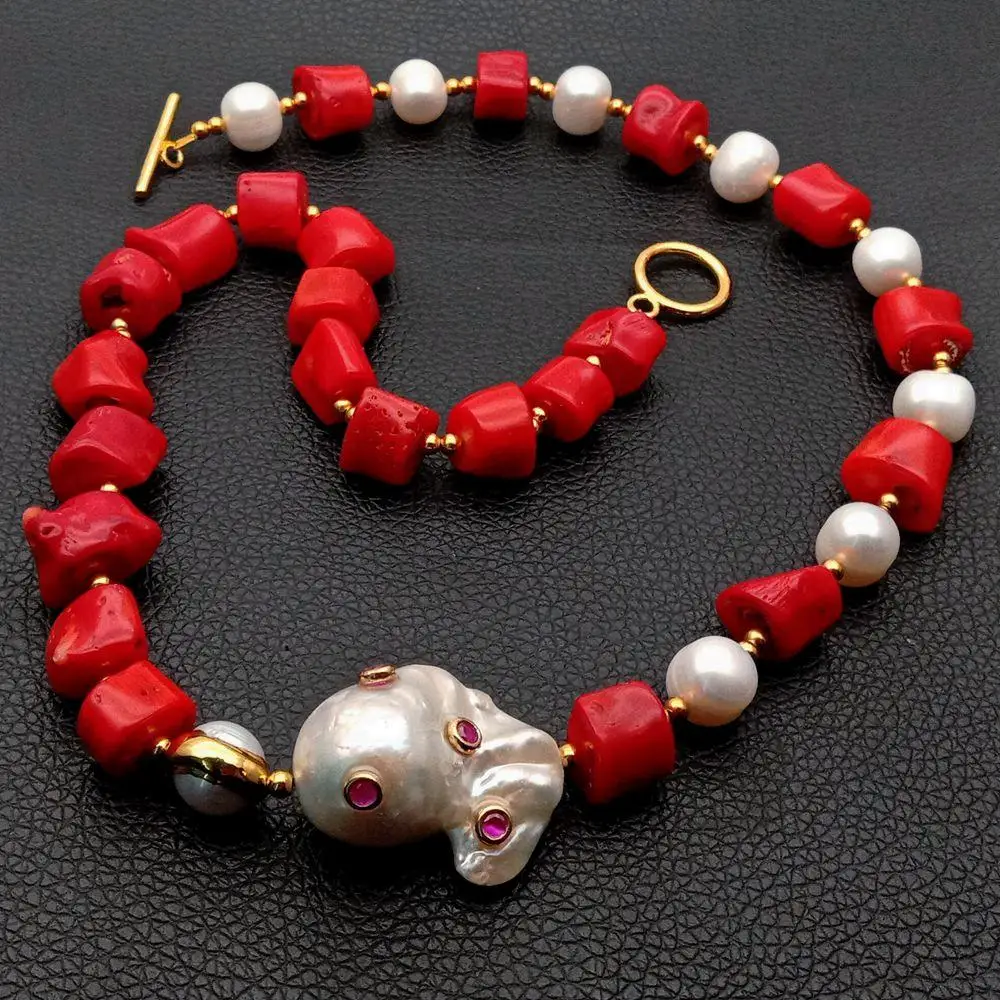 

KKGEM 25x30mm Nucleated Flameball Baroque keshi pearl connector Red Coral Tube White Round Freshwater Pearl chorker Necklace