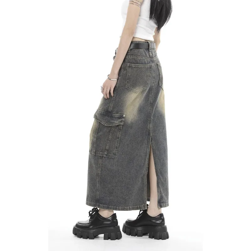 

Vintage Denim Long Skirts Women 2023 American High Waist Straight Split Midi Skirts Harajuku Big Pockets Cargo Skirts