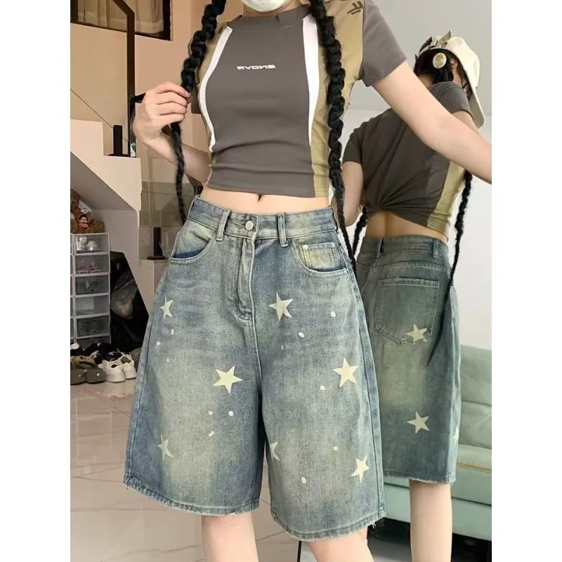 Summer Women's Denim Pants High Waist American Retro Wide Leg Shorts Jeans Knee Length Blue Denim Shorts Female Korean Fashion