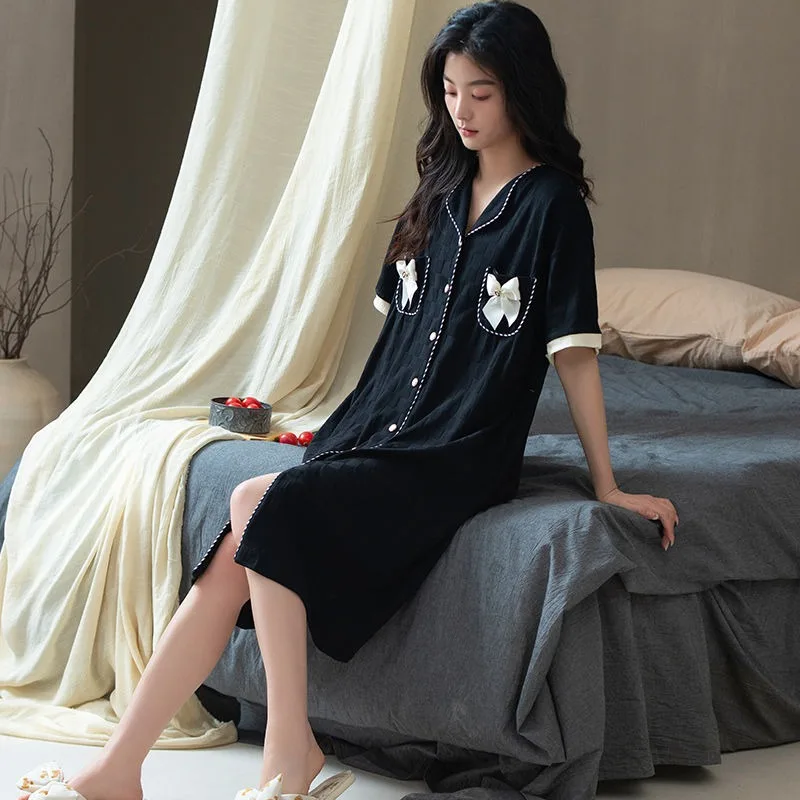 Sexy Nightdress Women's Short-Sleeved Cardigan Large Size Nightgown 2024 Summer Pajamas Female Lapel Mid-Length Casual Homewear