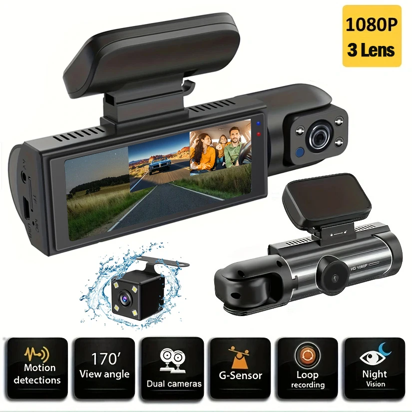 

Dash Cam for cars 1080P 3-Lens car camera Night Vision Loop Recording wide angle Car DVR Came Front And Inside Car Dash Recorder