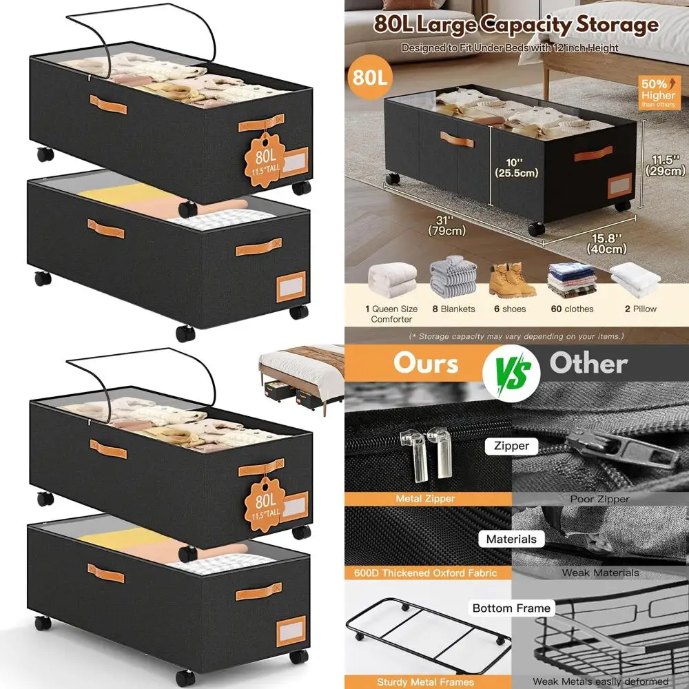 

Очень большой контейнер для хранения под кроватью на колесиках, 80 л, с прозрачной крышкой, идеально подходит для одеял, обуви и игрушек