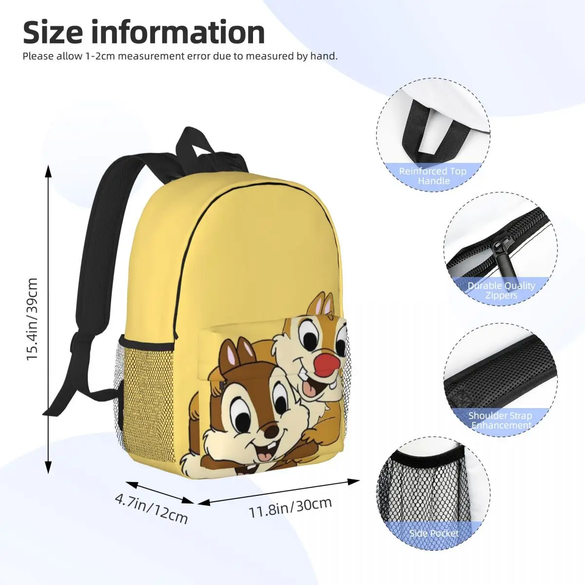 Mochila compacta Chip & Dale de 15 polegadas – bolsa leve e elegante, perfeita para estudantes e viajantes