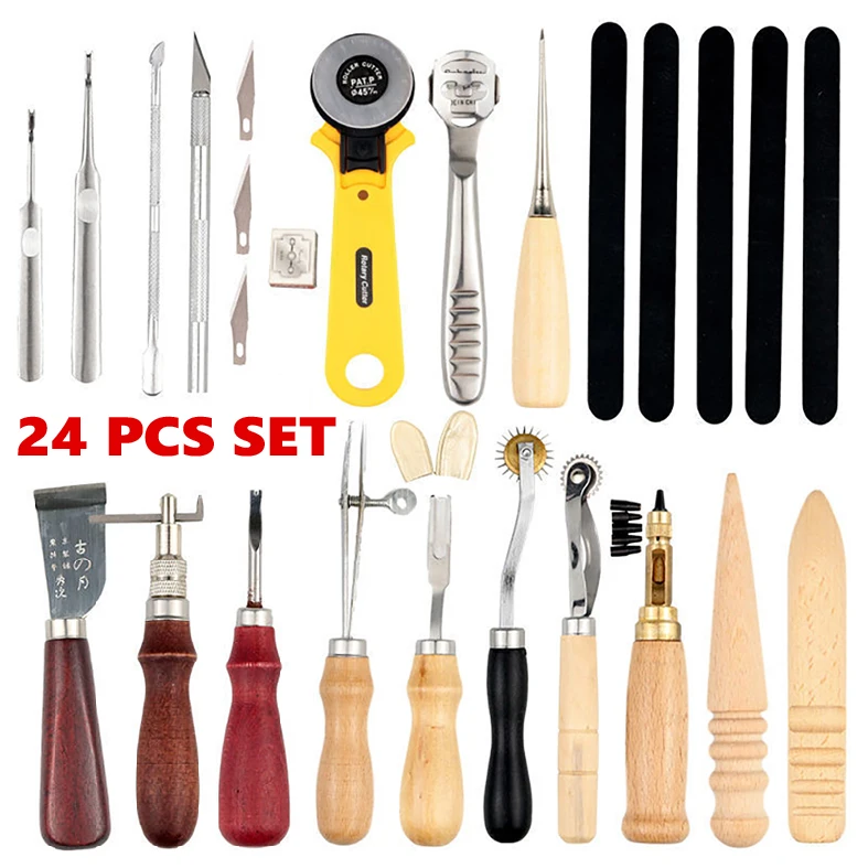 

24Pcs Leather Crafting Tailor Tool Set Craft Working Kit Sewing Stitching Punch Carving Diamond Leather Hand DIY Accessories Set