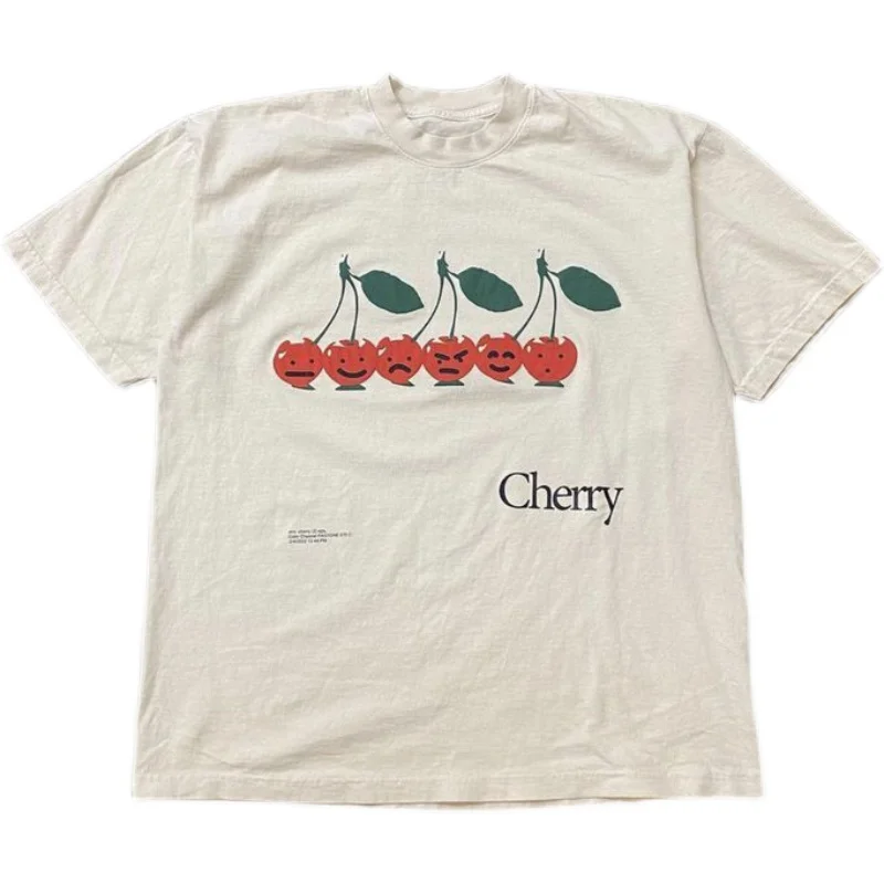 Wang Studio Quirky Expression Cherry Japanese Style Short Sleeve T-Shirt Girl's Feelings Harajuku Wind Cotton round Neck Tee