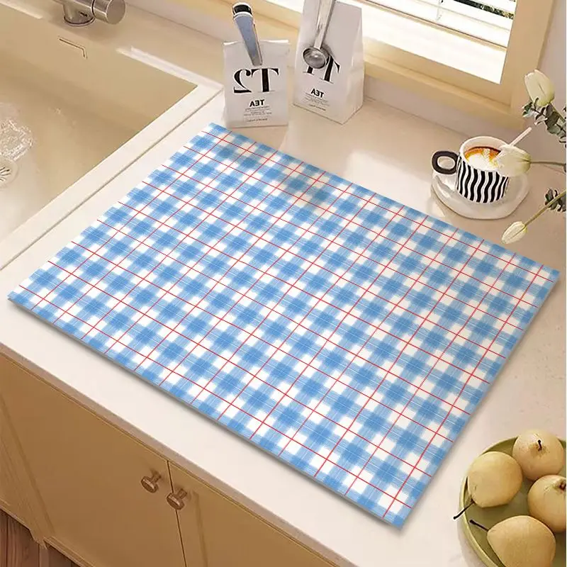 VIKAMA Minimalist Checkered Dish Rack Mat, Absorbent Kitchen Counter Mat, Non-Slip Quick-Drain Mat, Instagram-Style Home Decor