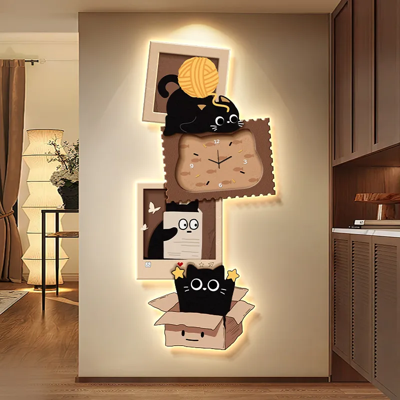 Cartoon Cute Wall Clocks Interior Creative Fashion Design Cat Aesthetic Wall Watch Modern Korean Reloj Pared Room Decorations
