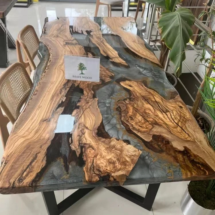 More Design Luxury Factory Direct Cafe Coffee Kitchen Restaurant Solid Walnut Wood River Epoxy Resin Slab Dining Table