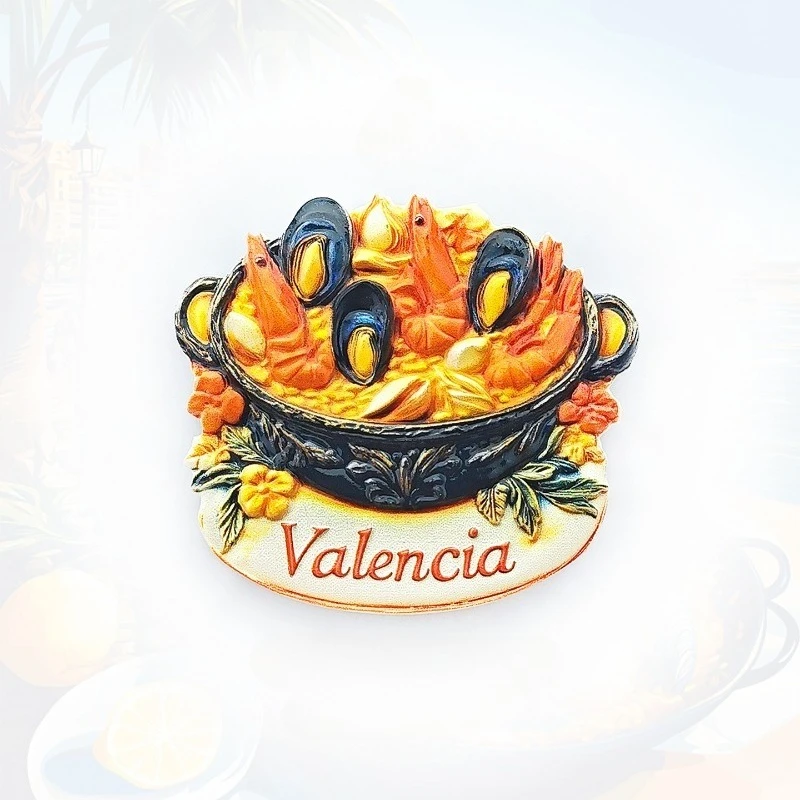 Imán para nevera Valencia Paella, recuerdo español 3D, decoración de sartén de arroz de azafrán, regalo mediterráneo único con imán fuerte