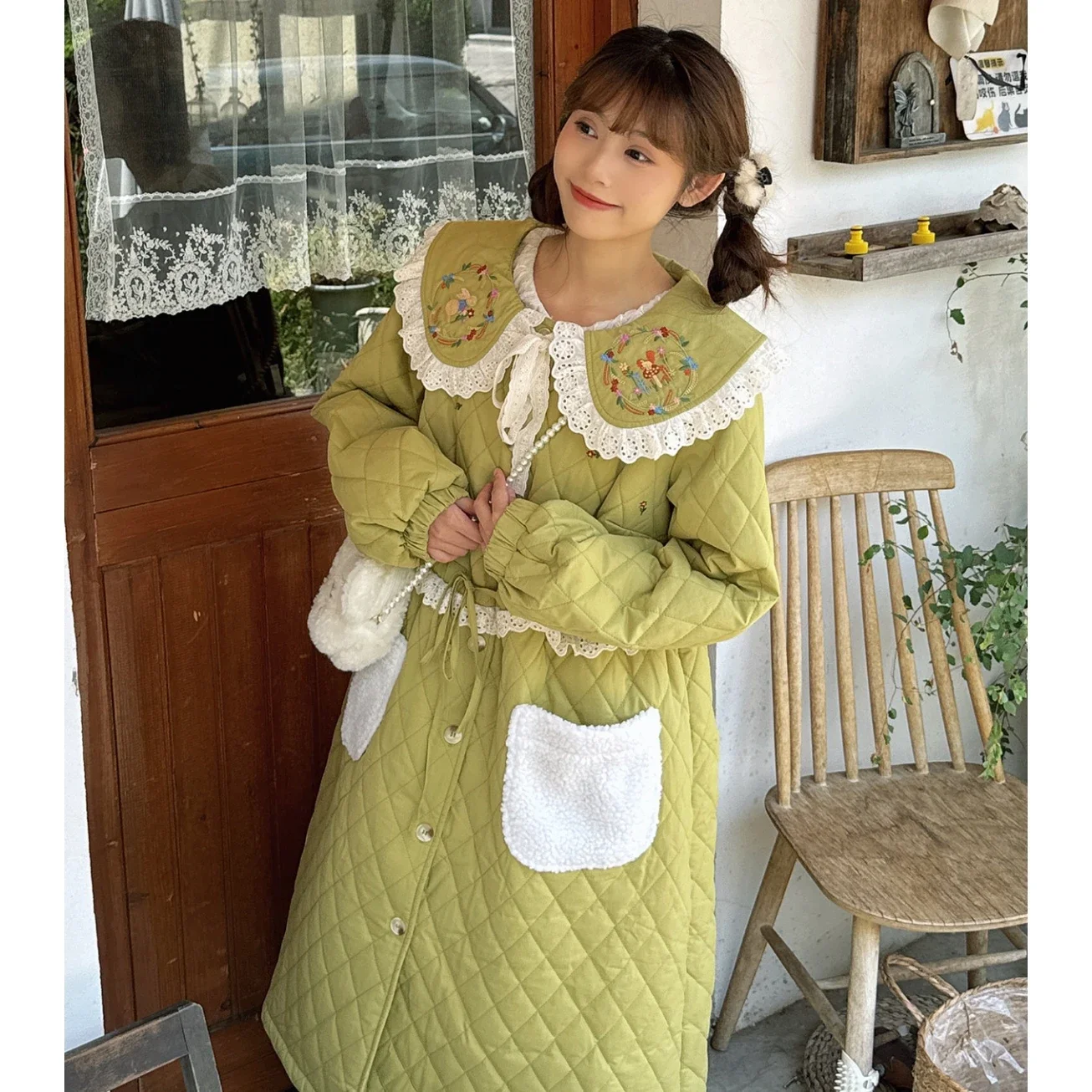 Women Lace Embroidery Sweet Cottagecore Cotton Liner Winter Long Quilted Green Coat Vintage Kawaii Lolita Retro Chic Korean Coat