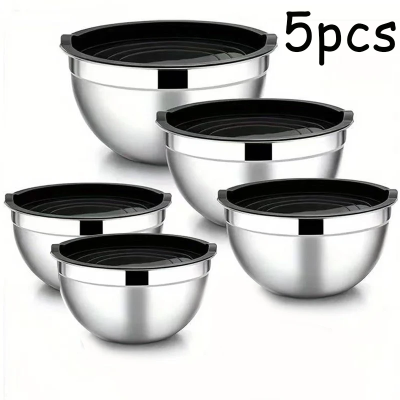5pcs Stainless Steel Salad Basin with Lid and Baking Mixing Basin, Suitable for Restaurant Kitchen.