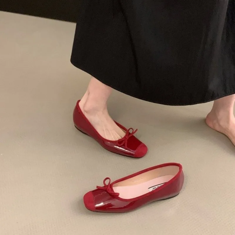 New Fashion Women's Flat Shoes Soft Bow Square Head Shoes Women's New Stitching Elegant Fashionable Plus Size Comfort Flat Shoes