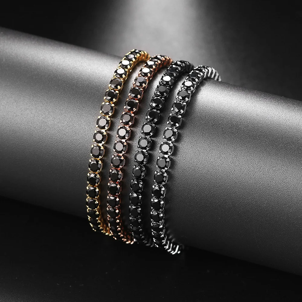 Hippie Black Crystal Tennis Bracelet for Men Steampunk Adjustable Zircon Women\'s Bangle Chain on The Hand Hip Hop Trendy Jewelry