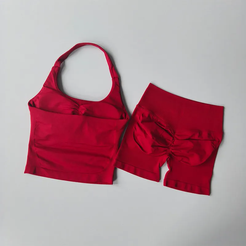 Damen-Sport-BH-Set mit Halsband, schöner Rücken, Yoga-Anzug, zweiteiliges Top, hochtailliertes, hüftformendes Fitness- und Gym-Set, Shorts-Sets – Detail 9