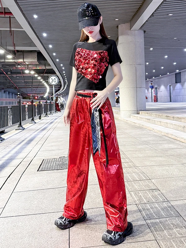 Shiny Sequin Stage Performance Outfit Women's Jazz Dance Show Costume Street Dance Pants Two-Piece Set for Young Adults
