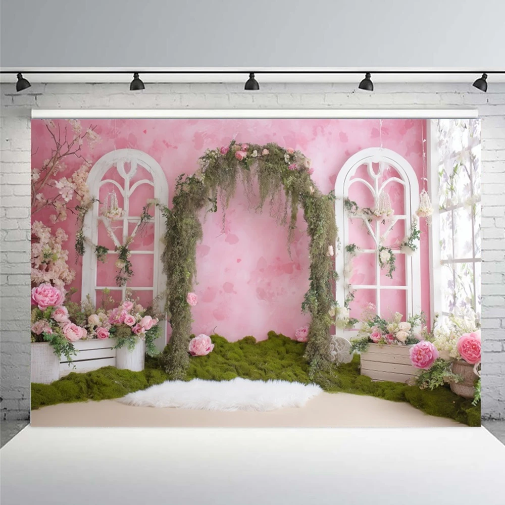Spring Garden Photography Background Flowers Grass Pink Wall Wedding Mother's Day Valentine's Day Party Decor Photo Backdrop