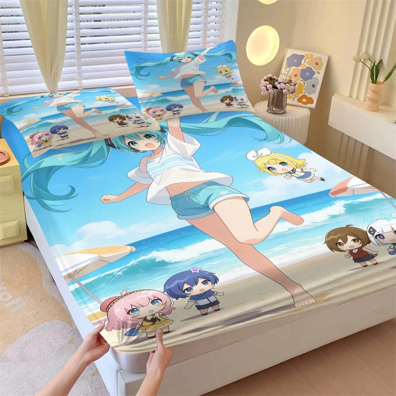 3ピースセット-初音ミク＆vocaloidファミリー-サマービーチフィットシーツセット-acgファン寝室装飾-深型ポケット滑り止めマットレスプロテクター