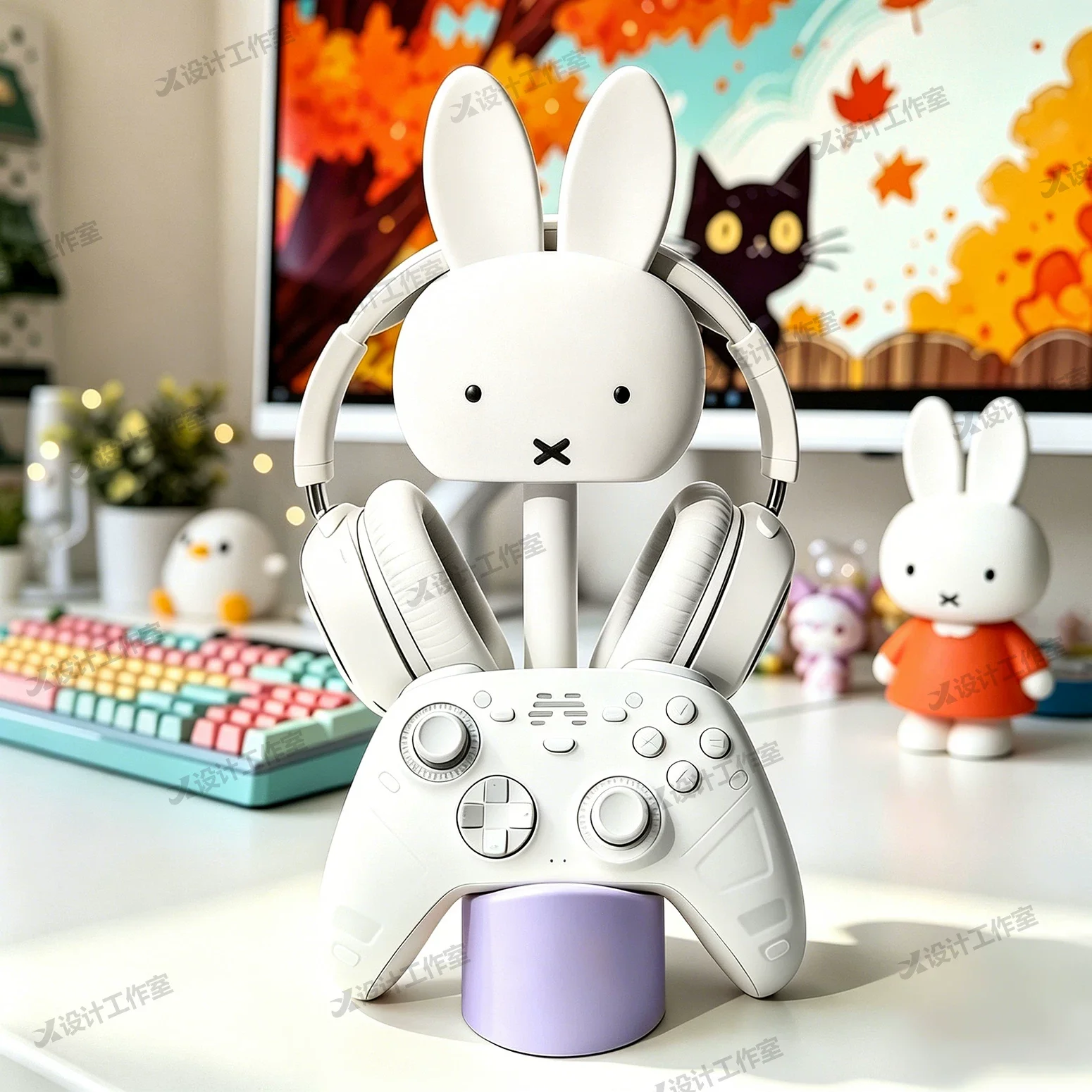 ミッフィークリエイティブかわいいバニーヘッドフォンスタンドゲーミングヘッドセットホルダー収納トレイ付きデスクトップ装飾ホームオフィスギフトおもちゃ