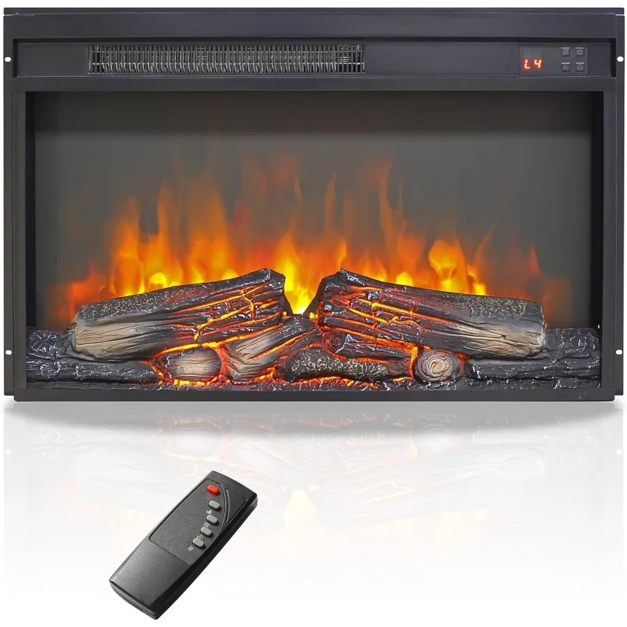 

26 Electric Fireplace with Realistic Flame Logs Warm Brown Wood Finish Adjustable 4 Flame Brightness Remote-Controlled Insert 8