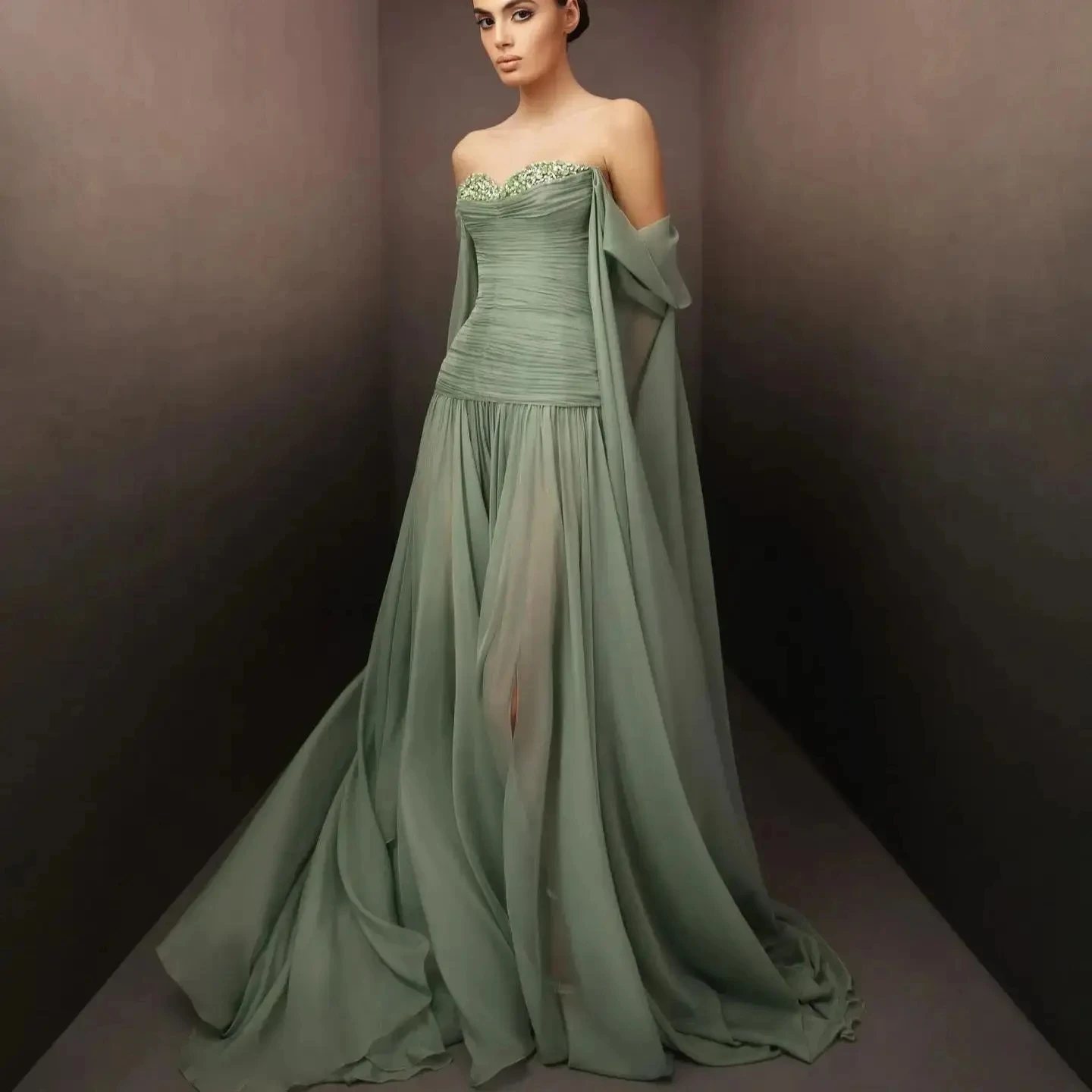 Elegante abito da spettacolo da sera con spalle scoperte Perline Paillettes Chiffon A-line Abiti da ballo formali per feste Robe De Feast