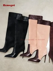 Long Pointed Boots Croco-Embossed and Suede Patchwork Women's Knee High Boots Thin Heels Slip On Glossy Brand Casual Shoes 2024