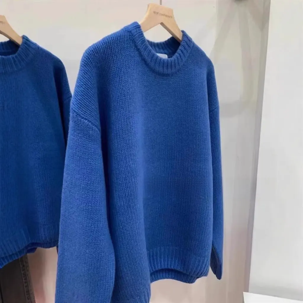 

Women's Heavy Pure Wool Crewneck Sweater Knitted Base Shirt Thickened Loose Fit Lazy Style Cashmere Top for Autumn Winter