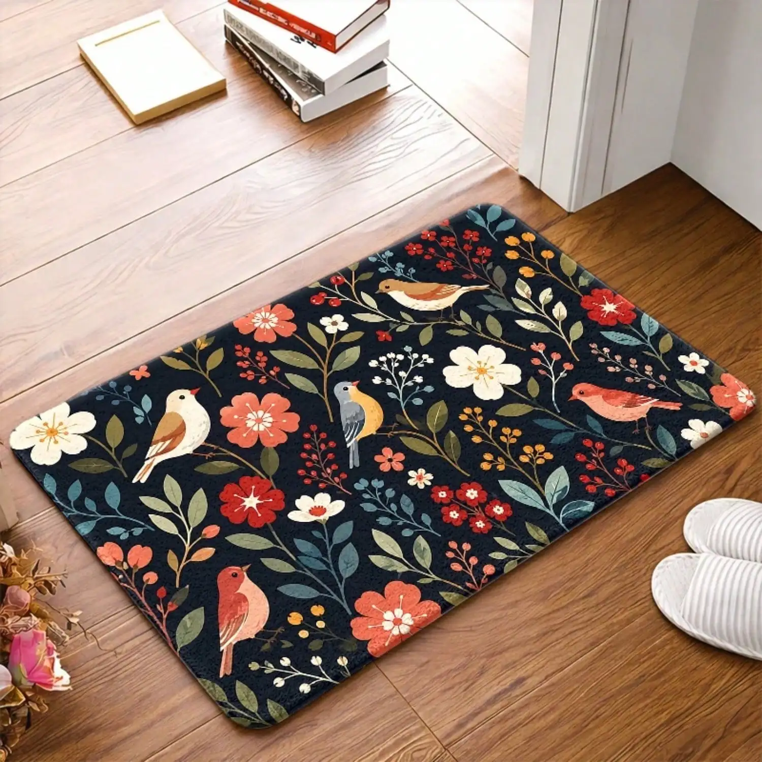 1pc, Floral Bird Pattern Doormats, Bath Mat, Durable Stain - Resistant Machine - Washable, Suitable For Living Room, Bedroom, Office, Indoor, Bathroom, Balcony