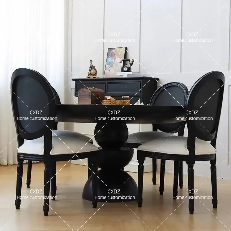 Solid Wood Round Dining Table Retro Neoclassical Black Multi Functional Restaurant Table Custom Export