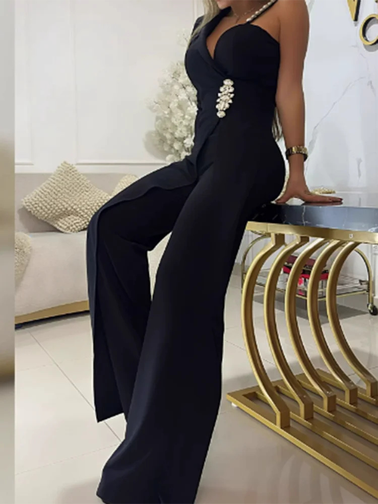 

Модный асимметричный комбинезон с широкими штанинами и вырезом на одно плечо, элегантный комбинезон с рукавами на одно плечо, шикарный женский комбинезон со стразами