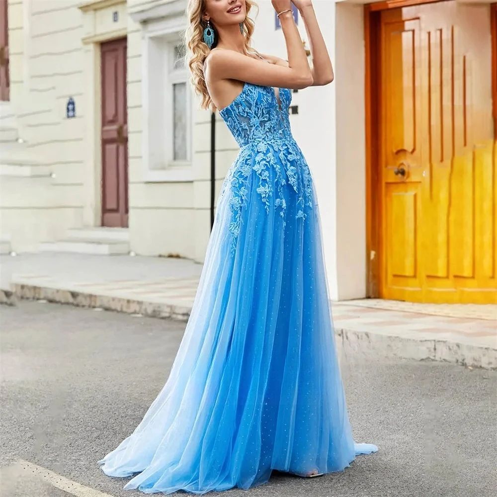 Tüll-Abendkleider für Damen, V-Ausschnitt, langes Ballkleid, Spitzenapplikation, formelle Partykleider, Robes de Soirée, Partykleid