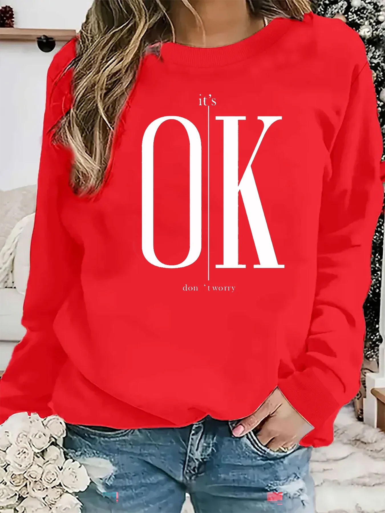 بلوفر نسائي كاجوال للخريف والشتاء فضفاض ومريح ودافئ ومطبوع برقبة دائرية وأكمام طويلة