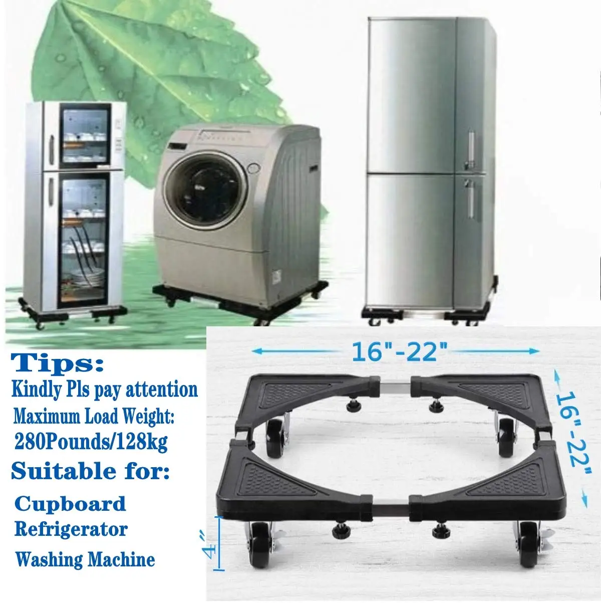 Adjustable Washing Machine Base Stand with 4 Locking Rubber Wheels, PP and Stainless Steel Mobile Dolly for Dryer Refrigerator,