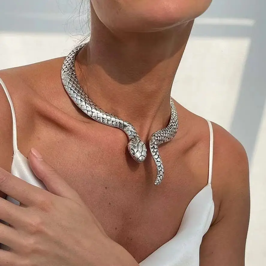

PuRui Creative Unique Big Chunky Thick Flat Snake Choker Necklace for Women Open Adjustable Fashion Silver Color Jewelry 2025