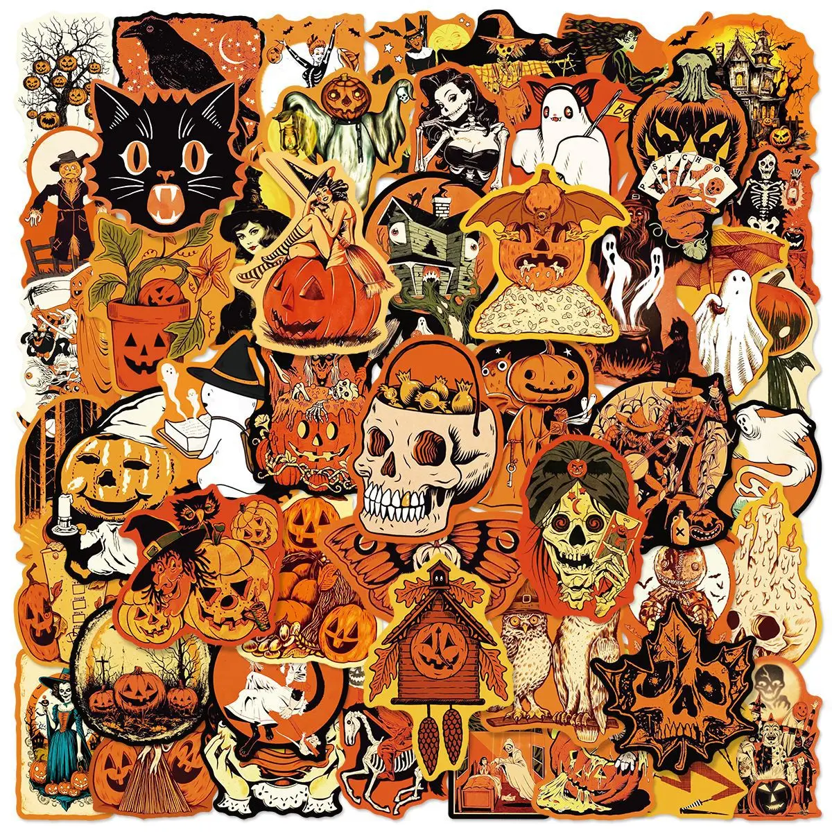 

10/50PCS Retro Halloween Funny Horror Skull Pumpkin Head Sticker Personalized Cool Decorative Water Cup Skateboard Pencil Box