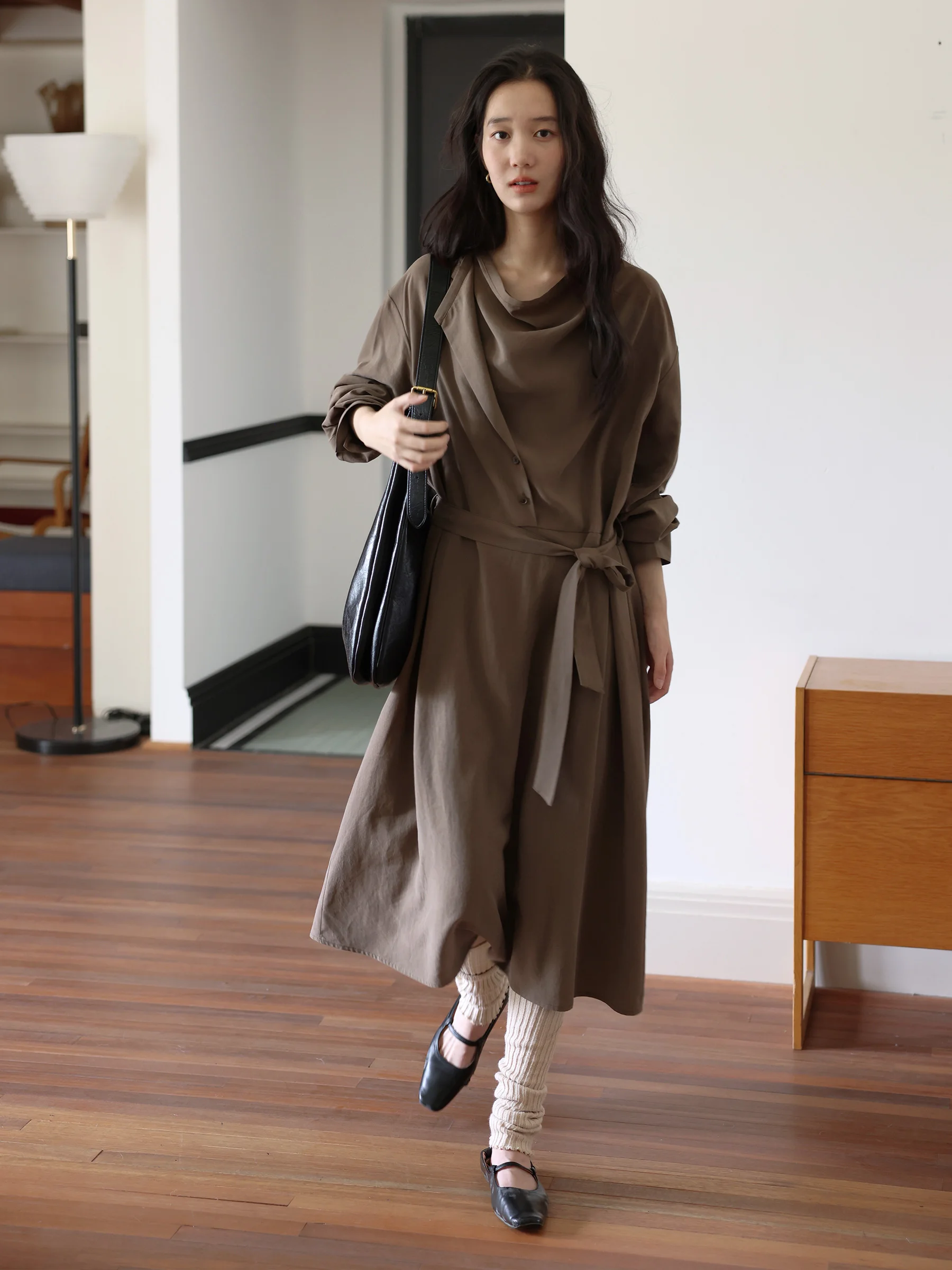 MUNNS Autumn Lightweight Loose Feel Structure Long Sleeve Dress Gentle Slant Lapel Cool Sensation Elegance Skirt Women's Fashion