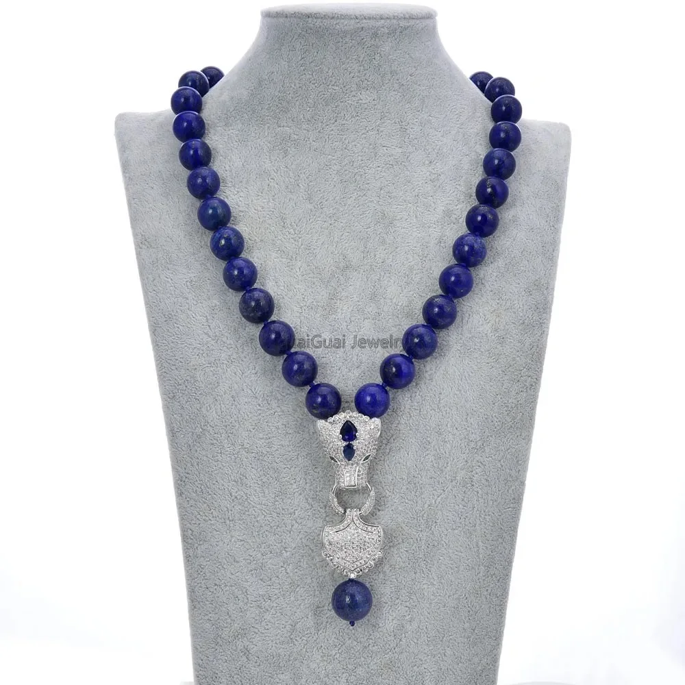 

19" Natural 14MM Blue Lapis Lazuli Necklace CZ Pave Pendant