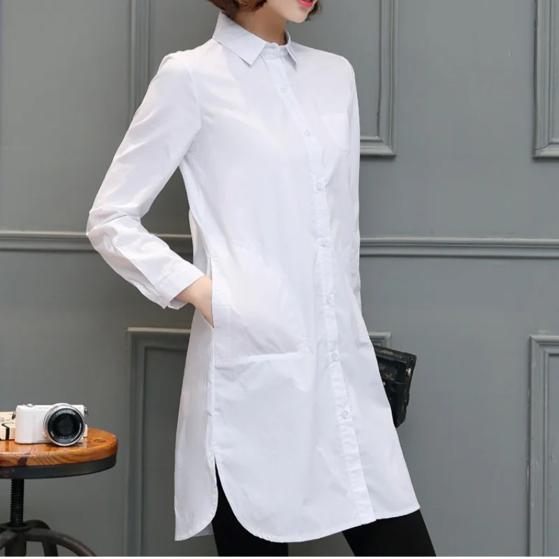 

Autumn Cotton White Women's Long Blouses 2025 New Double Pocket Single Breasted Elegant Korean Office Casual Loose Shirts Female