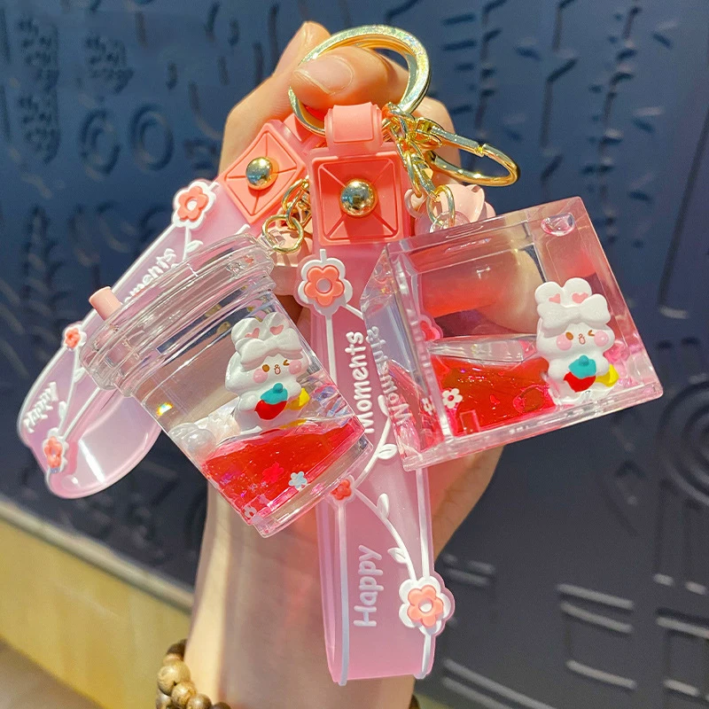 

Cute In Oil Liquid Quicksand Bottle Strawberry Rabbit Keychain Pink House Cup Floating Pearl Ice Cube Flower Sequin Key Chain