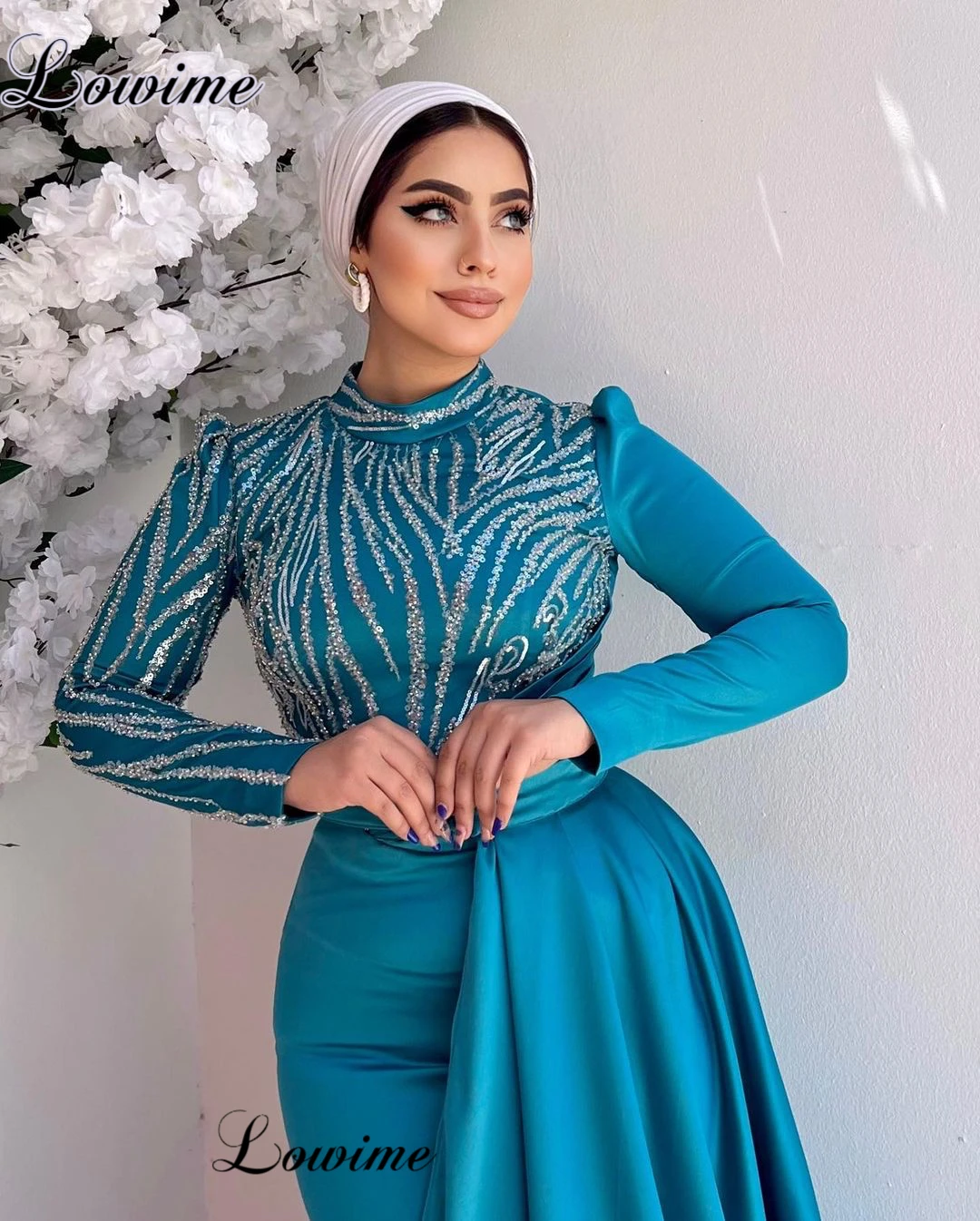 Elegant Blue Muslim Evening Dresses With Removable Train Long Sleeves Formal Occasion Dresses Robes De Soirée Simple Prom Dress