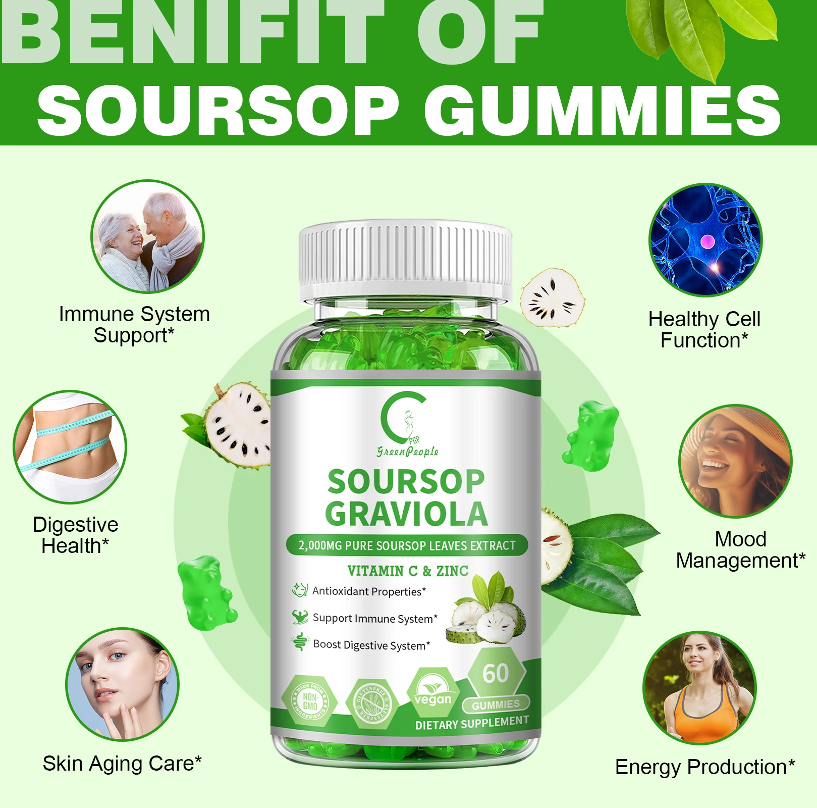 GPGP GreenPeople Soursop Gummies supportano l'immunità, la digestione e la salute della pelle, la funzione cellulare sana