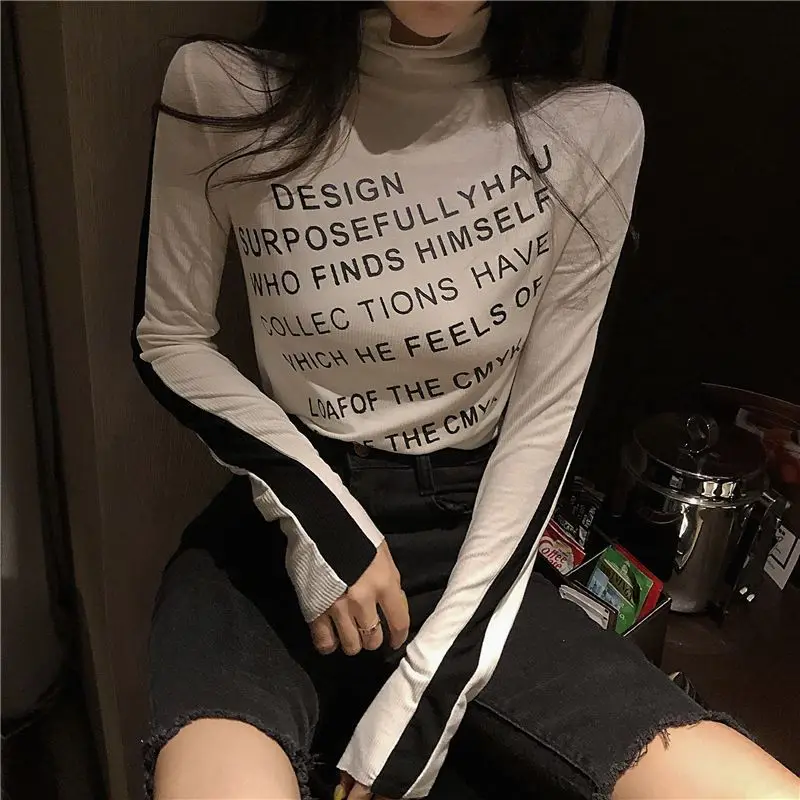 Print Turtleneck Long Sleeve T-shirts for Women Elegant Skinny Autumn Tops Ropa Mujer Sexy Harajuku Korean Fashion Retro Females