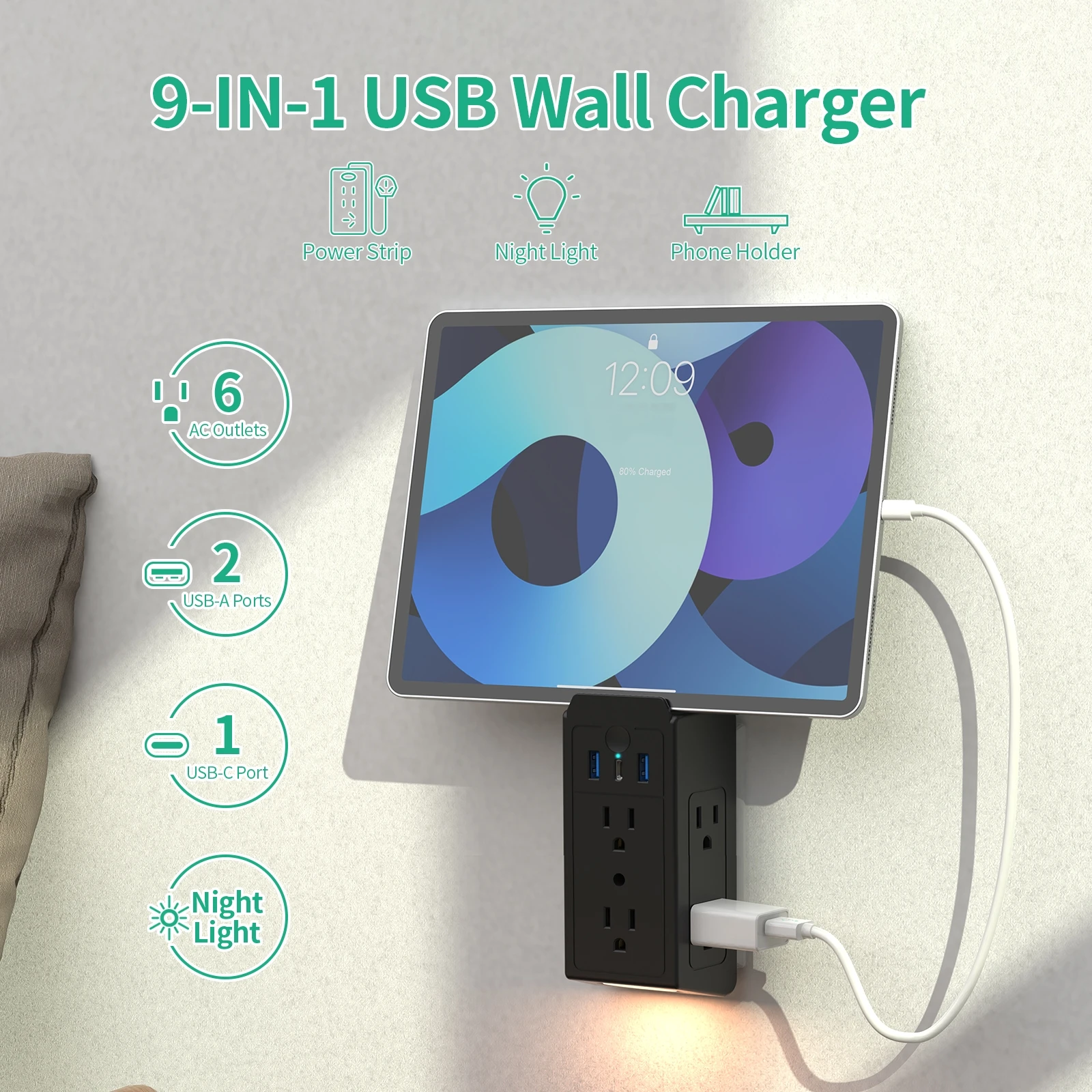 USB Wall Charger, Multi Plug Outlets Extender with Night Light, Expander Multi Plug Splitter